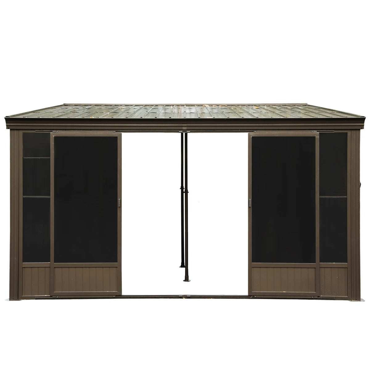 TOTAL Outdoor 10'x12' All-Season Sunroom Gazebo with Steel Roof, PVC Screen, Front & Side Door, Brown