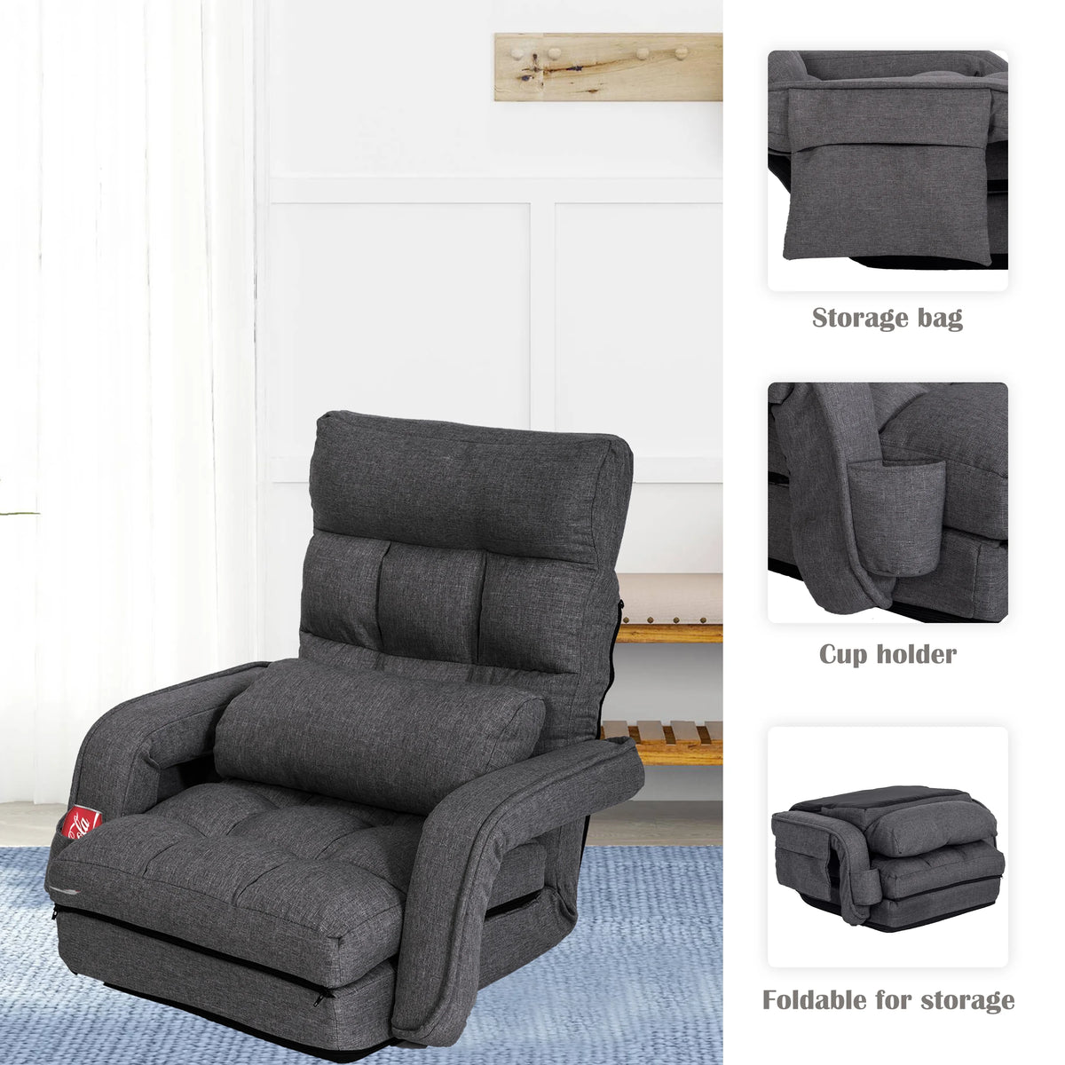 Prime Garden Floor Chair 6-Position Folding Gaming Chair for Meditation Indoor, Light Gray