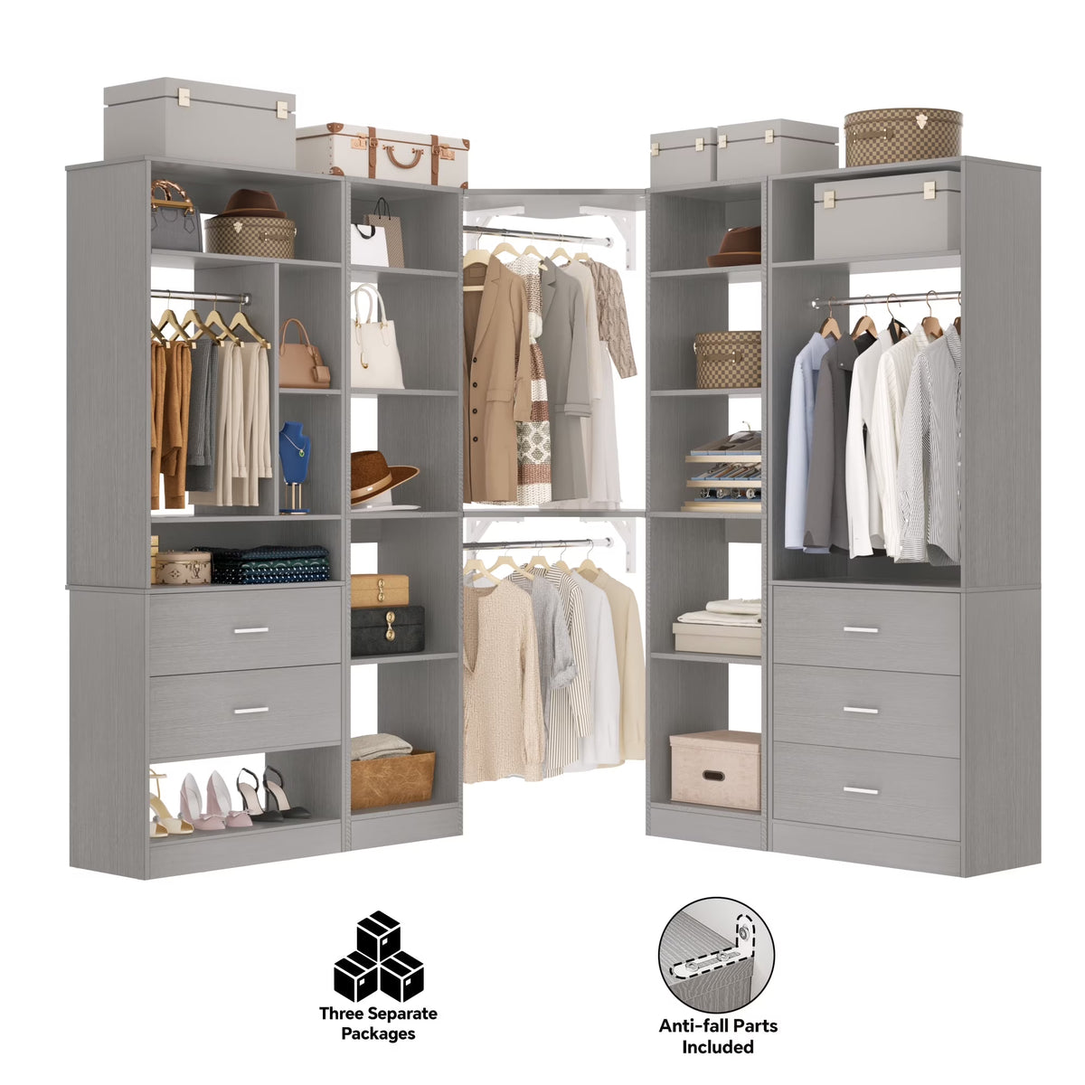 Homieasy Freestanding Closet System with 3 Sets, 87.2" Closet Organizer System with 5 Drawers & 4 Hanging Rods, Reversible L Shaped Walk-in Closets, Black