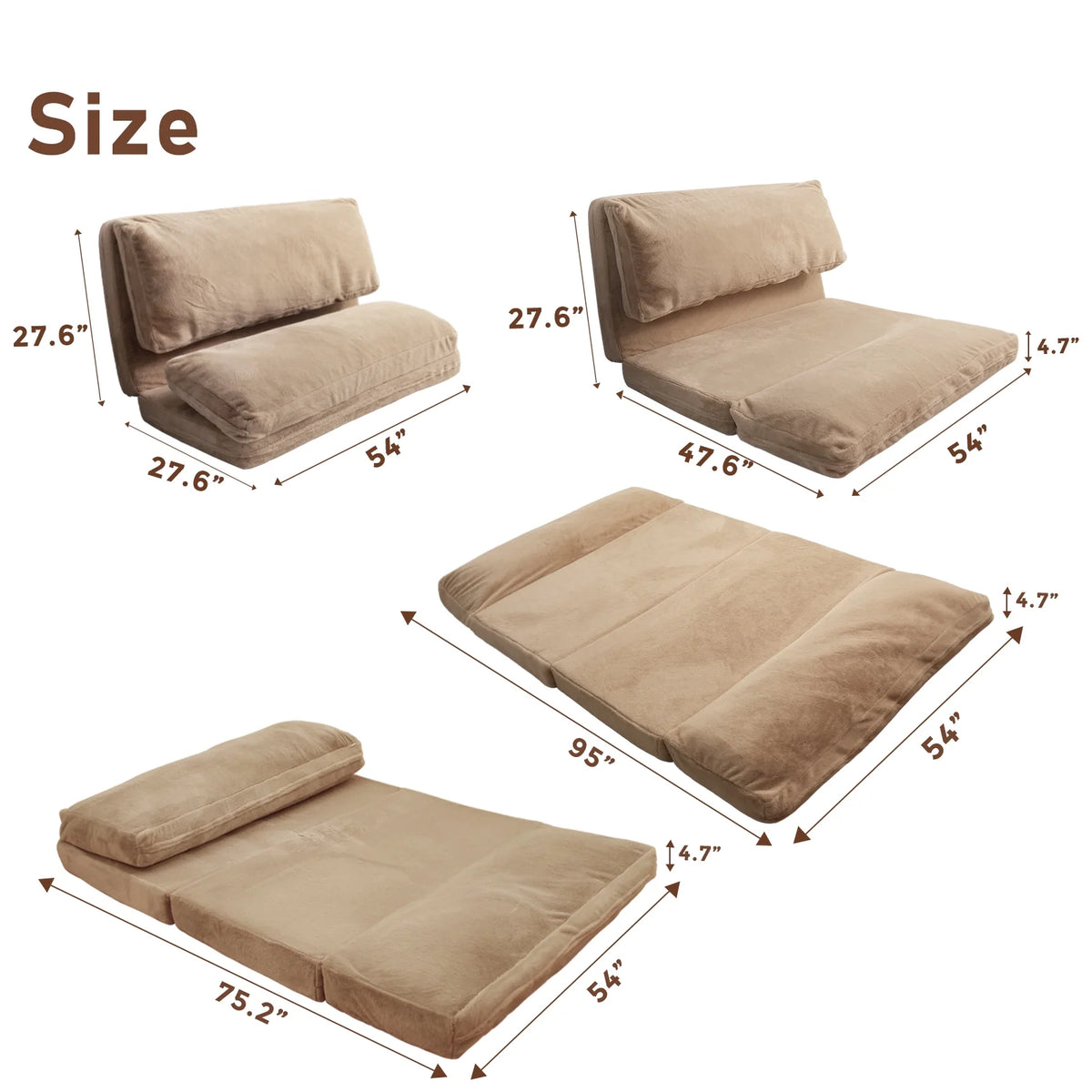 Folding Sofa Bed,Extra Thick and Long Fluffy 4 Position Convertible Flip Lounge Chair,Foam Filling Folding Matress Sofa Bean Bag with Washable Cover,Grey,39x95 Inch