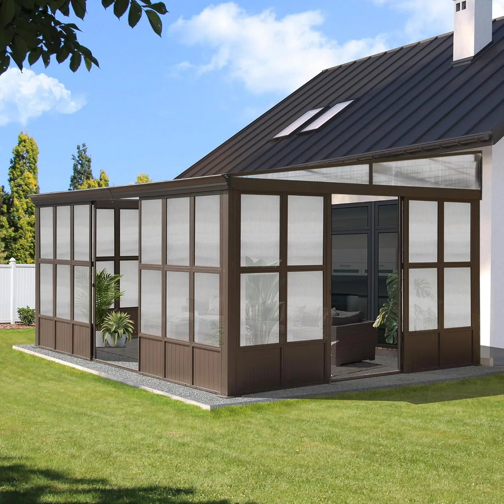 Domi Outdoor Living 10' x 12' Hardtop Lean-to Gazebo, Wall-Mounted with Galvanized Steel Roof Wall Pergola with Aluminum Frame, Curtains and Netting, for Patio, Deck, Garden, Backyard