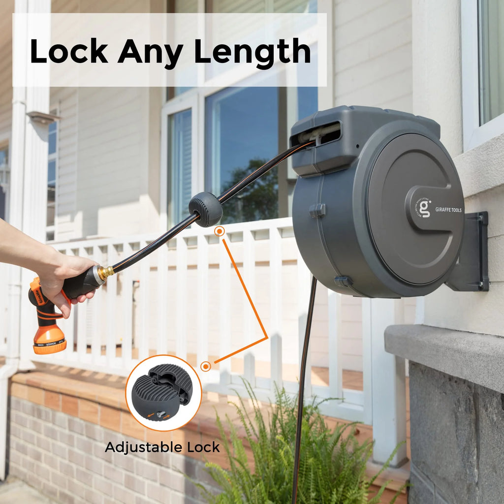 Giraffe Tools Retractable Garden Hose Reel with 1/2in-100ft Water Hose, Plastic Bracket, Wall Mounted, Dark Grey
