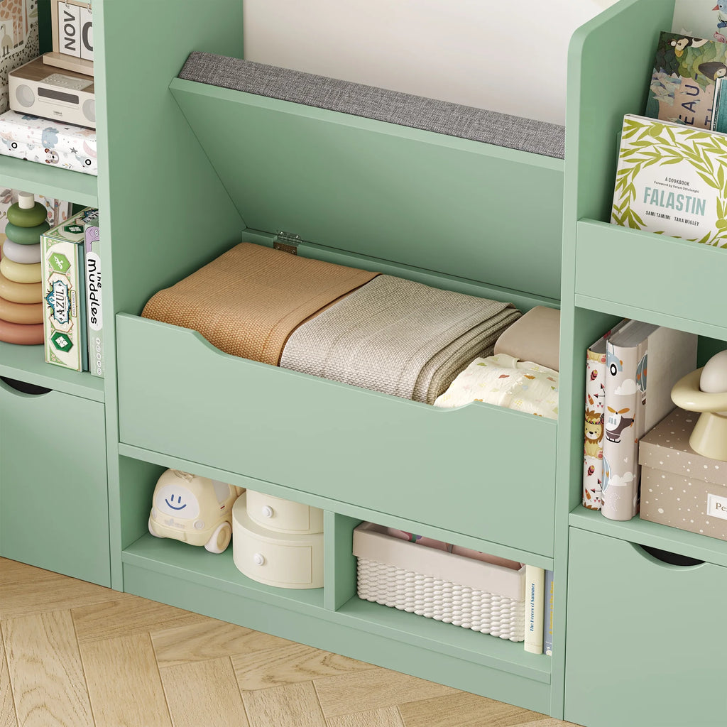 Hiphuta 72"Wide Kids Bookcase with Reading Nook and Under Bench Storage, Wooden Toy Storage Organizer & Book Rack for Kids Room, White