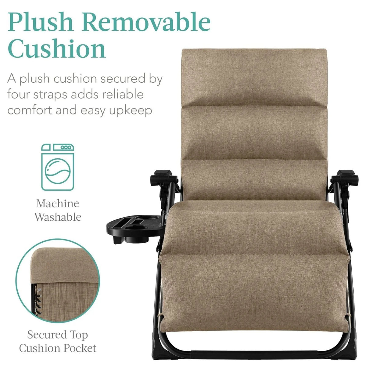 Oversized Chair, Folding Outdoor Patio Recliner, XL Anti Gravity Lounger w/Removable Cushion, Cup Holder, Side Tray, 350lb Capacity - Taupe
