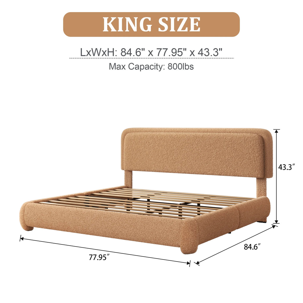 VIPLOV King Size Boucle Bed Frame, Cloud Upholstered Platform Bed with Height Adjustable Headboard & Soft Rounded Corners, No Noise Free, Easy Assembly,Beige