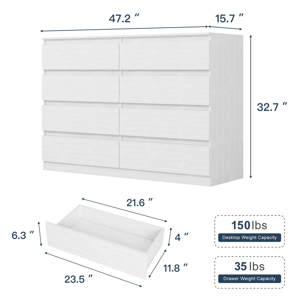 Resenkos Mid Century Modern 8 Drawer Dresser for Bedroom with Hidden Handle White