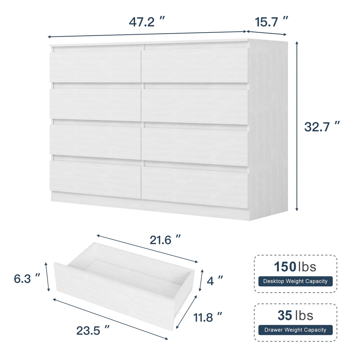 Resenkos Mid Century Modern 8 Drawer Dresser for Bedroom with Hidden Handle White