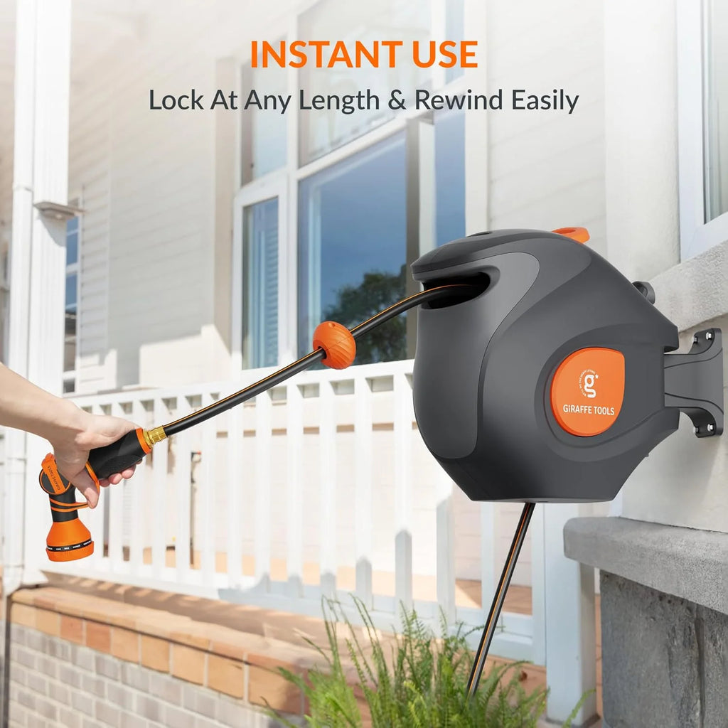 Giraffe Tools Retractable Garden Hose Reel with 1/2in-100ft Water Hose, Plastic Bracket, Wall Mounted, Dark Grey