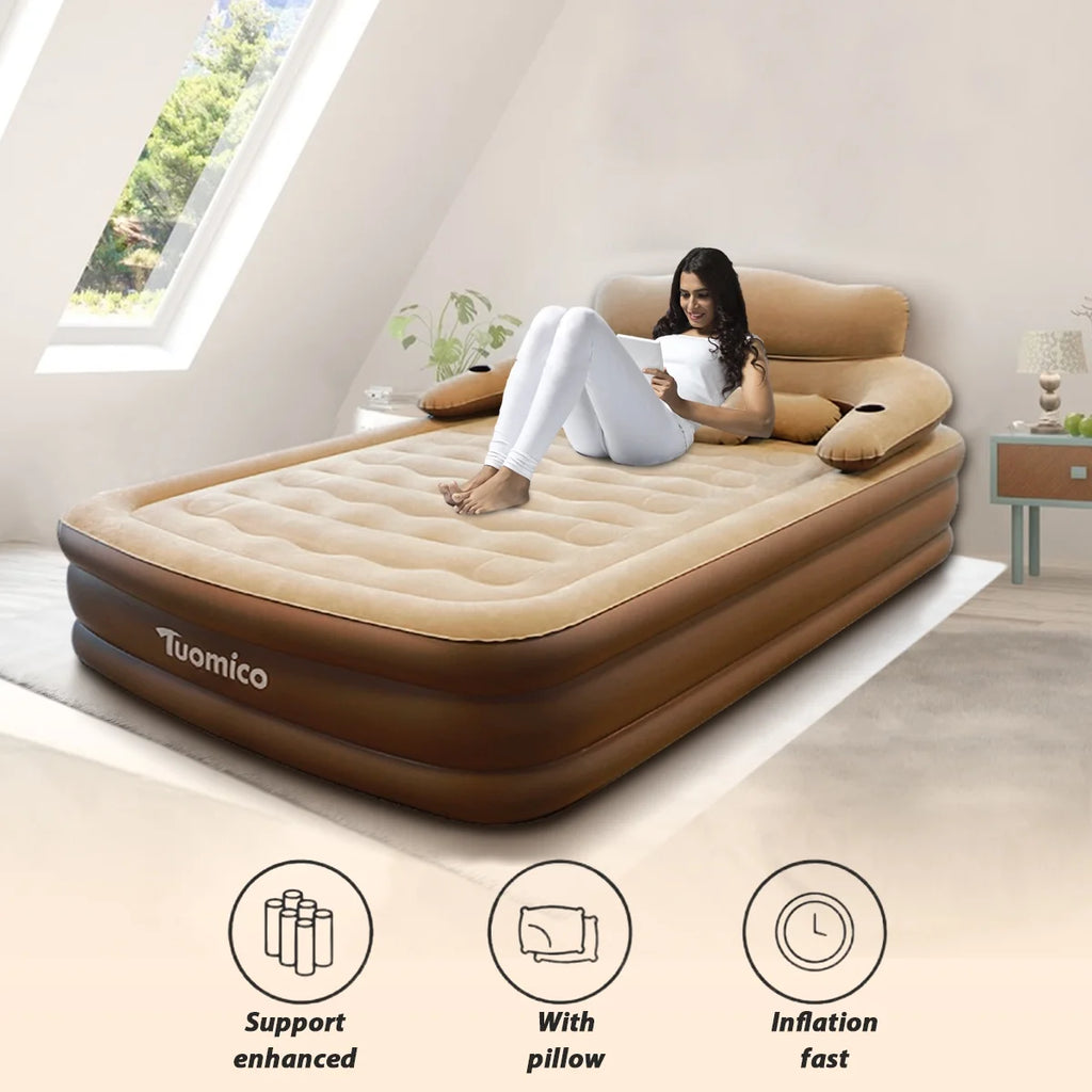OUYI Inflatable Bed Double Leak-proof mattress with Electric Pump & Pillows Removable Backrest Multifunctional Foldable Air Sofa Guest Bed, 600lb Max(White, Queen Size)