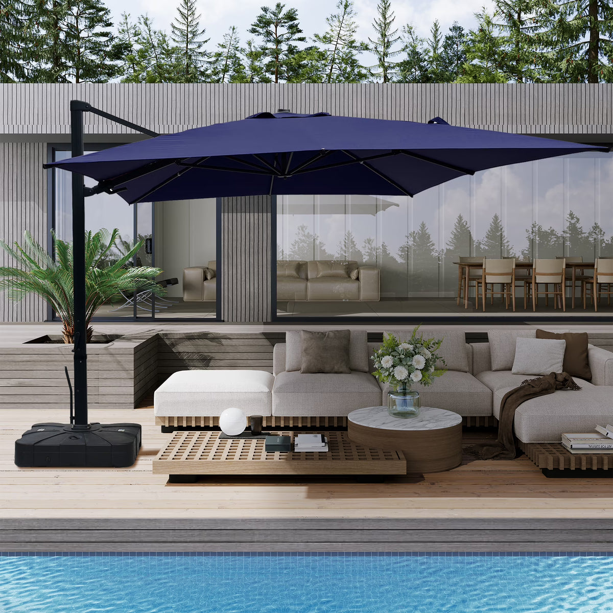 Boyel Living 10 x 13 FT Cantilever Patio Umbrella, Outdoor Rectangle Offset Umbrella with 360°Rotation, Heavy Duty Patio Hanging Umbrella with Base for Garden Pool Backyard, Navy Blue
