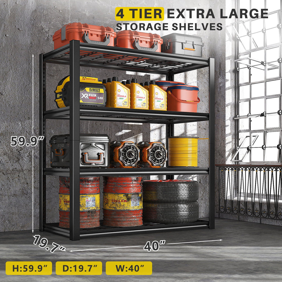 REIBII 2200LBS Garage Shelving Units Heavy Duty  Adjustable Metal Shelving 4 Tier Storage Shelves,39.4" W x 19.7" D x 59.9H