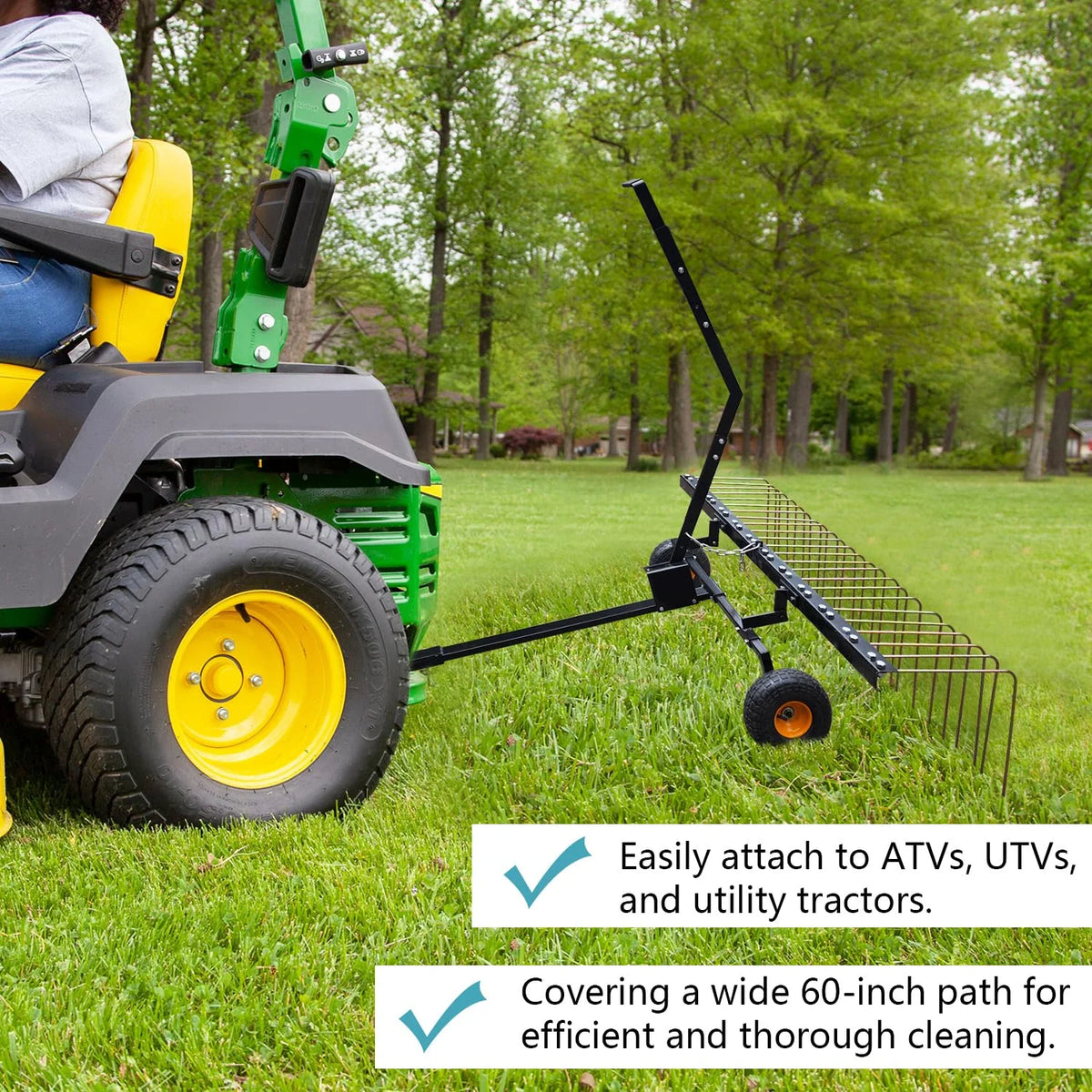 Pull Behind Rake for Riding Mower 60 Inch,Pine Straw Rake for ATV,Tow Behind Pine Needle Rake for Tractor,Tractor Rake with Lift Handle & 24 Steel Tines for Leaves,Pine Needles,Grass