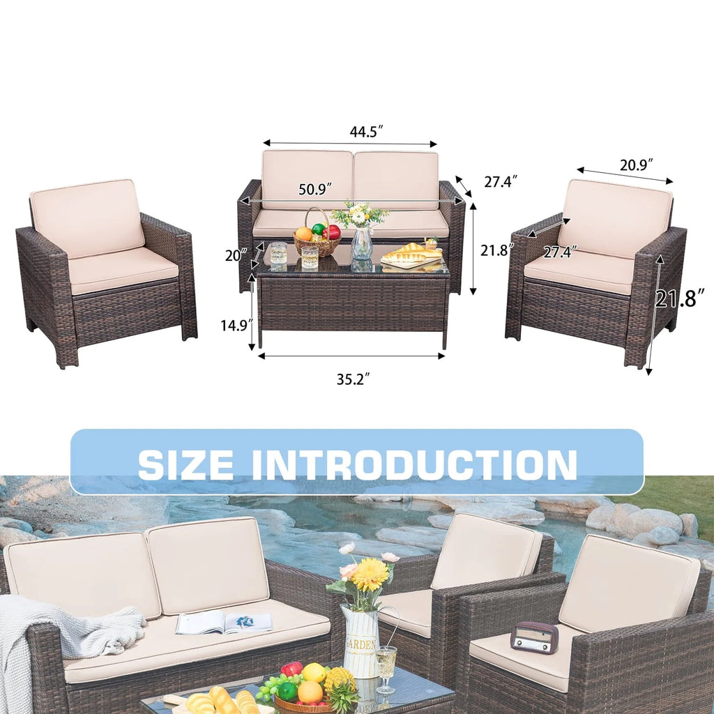 Lacoo 4 Pieces Patio Furniture Sets Rattan Chair Wicker Conversation Sofa Set Outdoor Backyard Porch Garden Poolside Balcony Use Furniture, Beige
