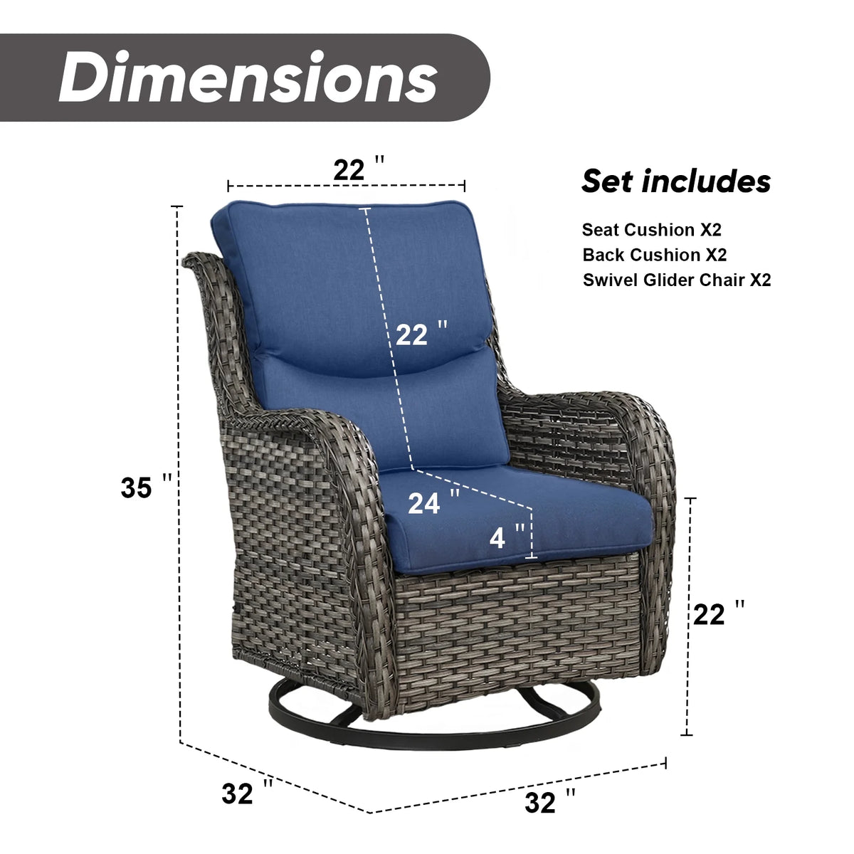 Gymojoy Outdoor Rocking Chairs Set of 2, All Weather PE Wicker Swivel Patio Glider Chairs, Garden Outdoor Furniture Set for Backyard Deck,Blue