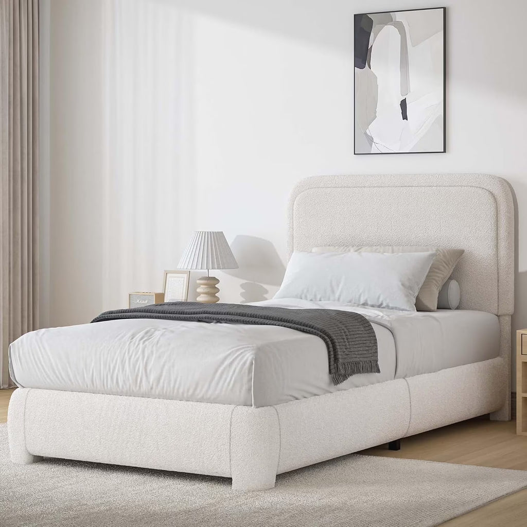 4 EVER WINNER Twin Size Bed Frame, Modern Bed Frame with Headboard, Boucle Fabric Upholstered Bed Frame, Soft Curved Headboard, Cream