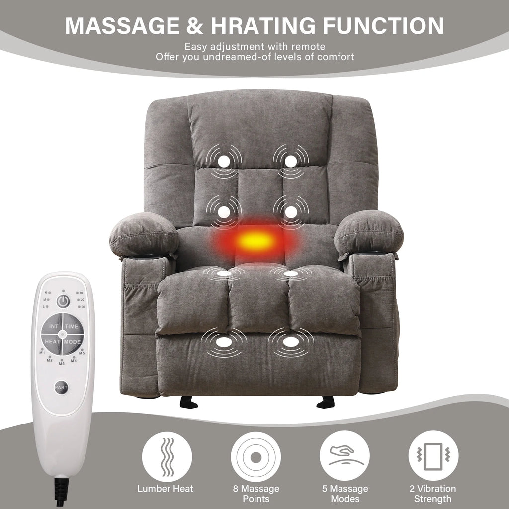 JONPONY Massage Swivel Rocker Recliner Chair with Vibration Massage and Heat Ergonomic Lounge Chair for Living Room with Rocking Function and Side Pocket, 2 Cup Holders, USB Charge Port,Grey
