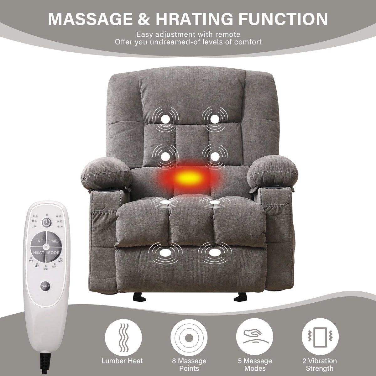 JONPONY Massage Swivel Rocker Recliner Chair with Vibration Massage and Heat Ergonomic Lounge Chair for Living Room with Rocking Function and Side Pocket, 2 Cup Holders, USB Charge Port,Grey