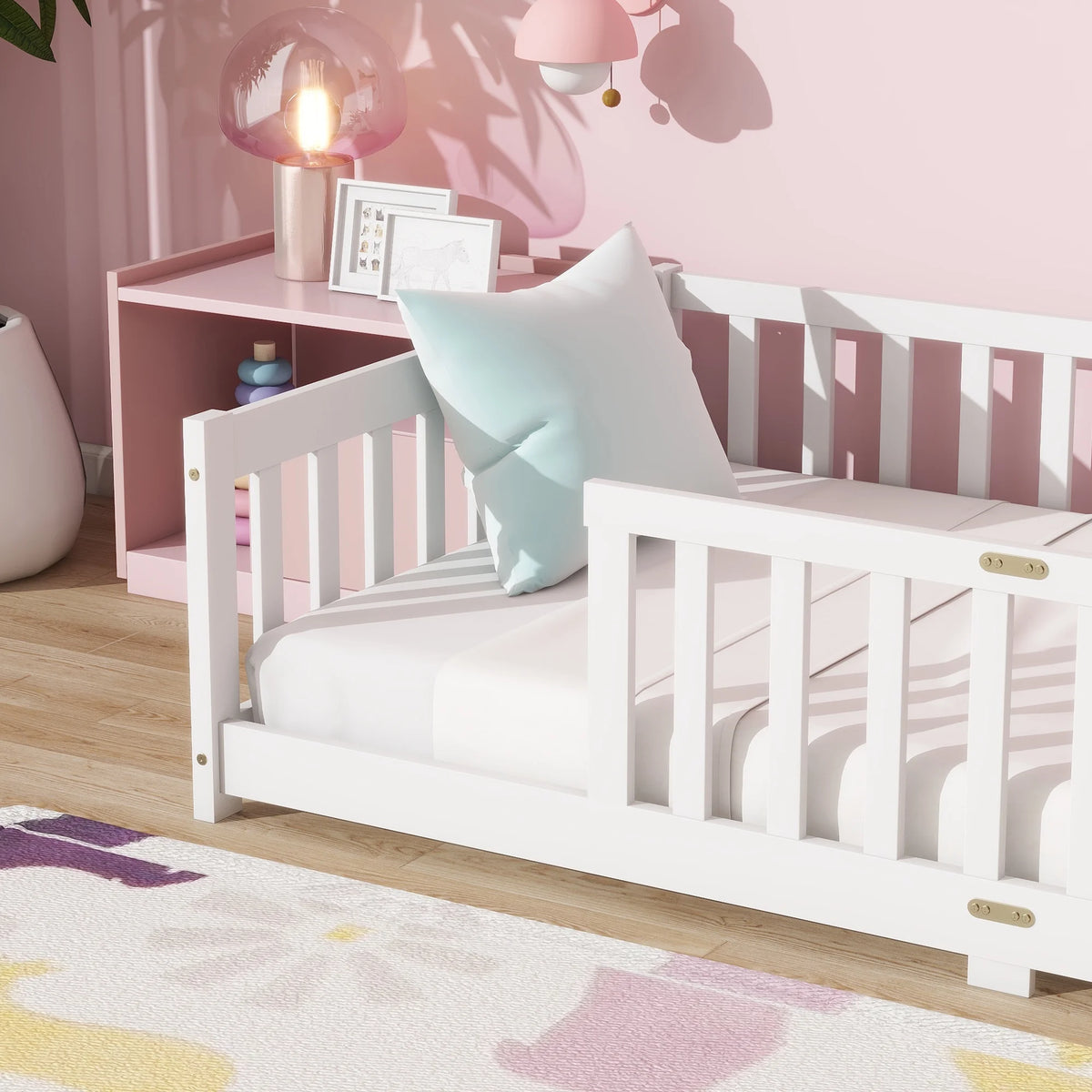 Miniyam Wooden Twin Size Floor Bed with Safety Fence for Kids, Natural