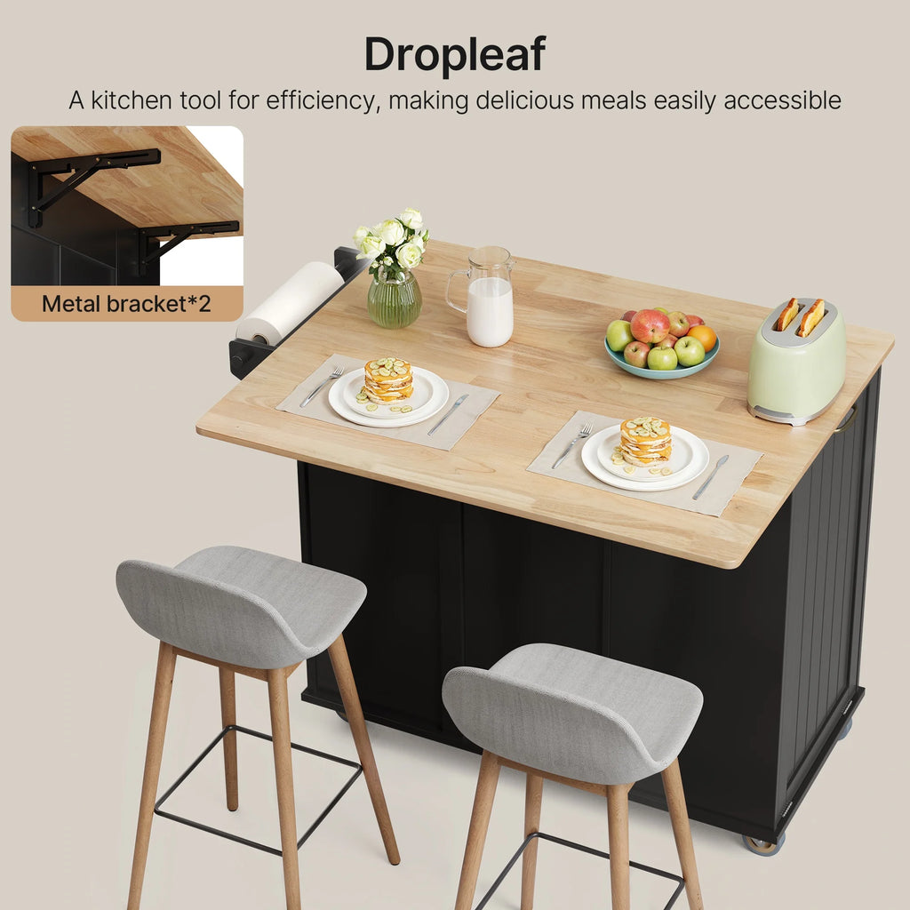 Noelse Rolling Kitchen Island with Drop Leaf Table and Hidden Trash Cabinet, Mobile Kitchen Cart with Storage Drawer, Adjustable Shelves & Rubberwood Countertop on Wheels, White