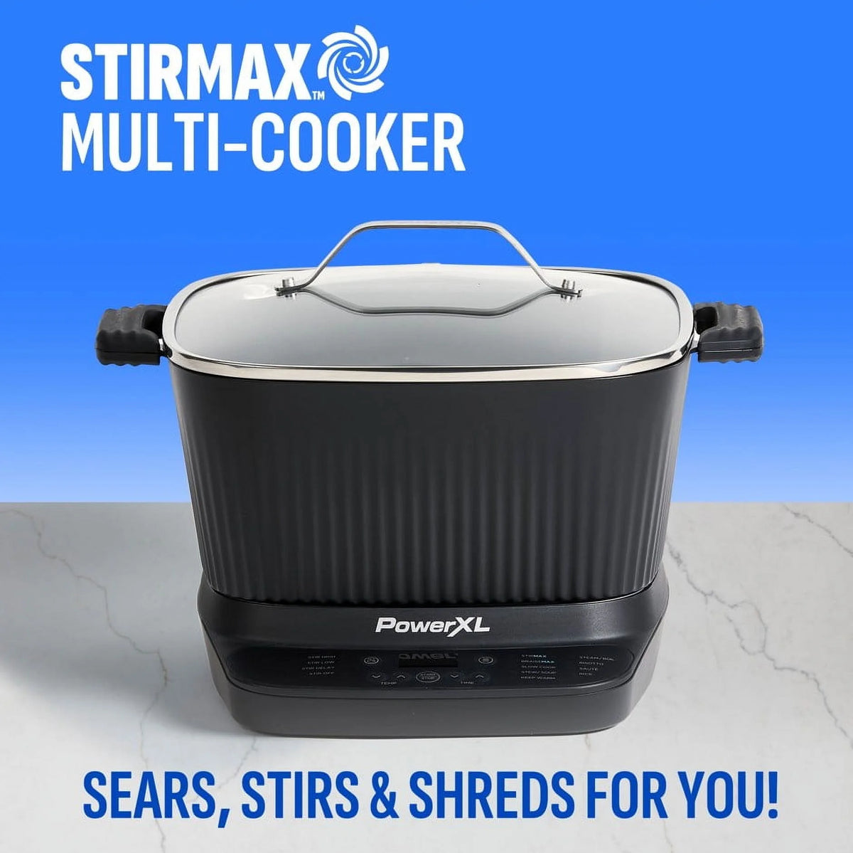 Power XL StirMax 7.5 Qt Multi-Cooker with Auto Stir/Shred Paddle and 9 Presets, Matte Black