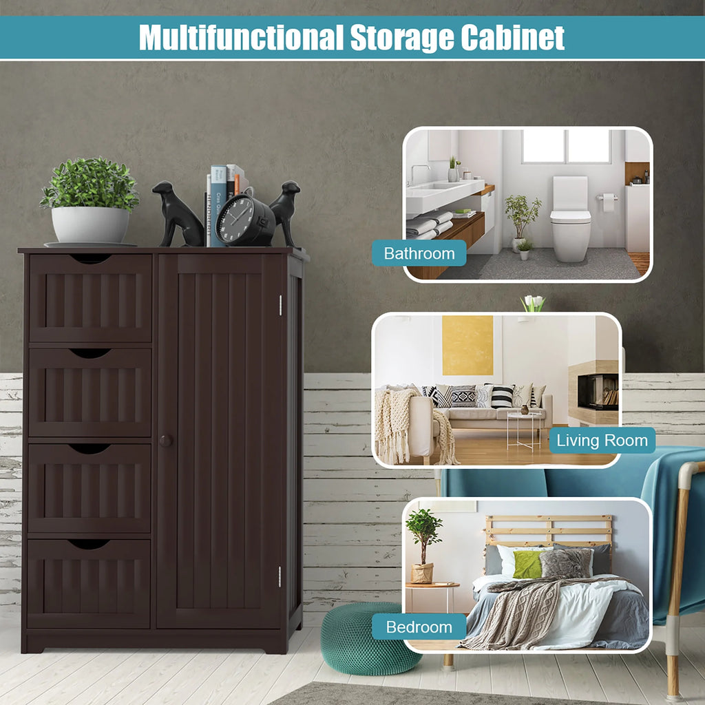 Bathroom Storage Wooden 4 Drawer Cabinet Cupboard 2 Shelves Free Standing White