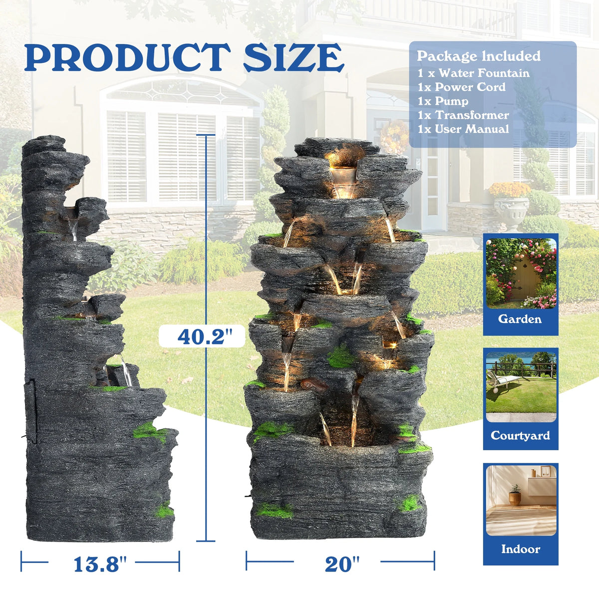 Magic Union 7-Tier Cascading Rock Water Fountain, 24" H Outdoor Freestanding Fountain with LED Lights and Pump, Outdoor Garden Waterfall Decor for Patio, Yard and Deck Decor, Natural Stone Look