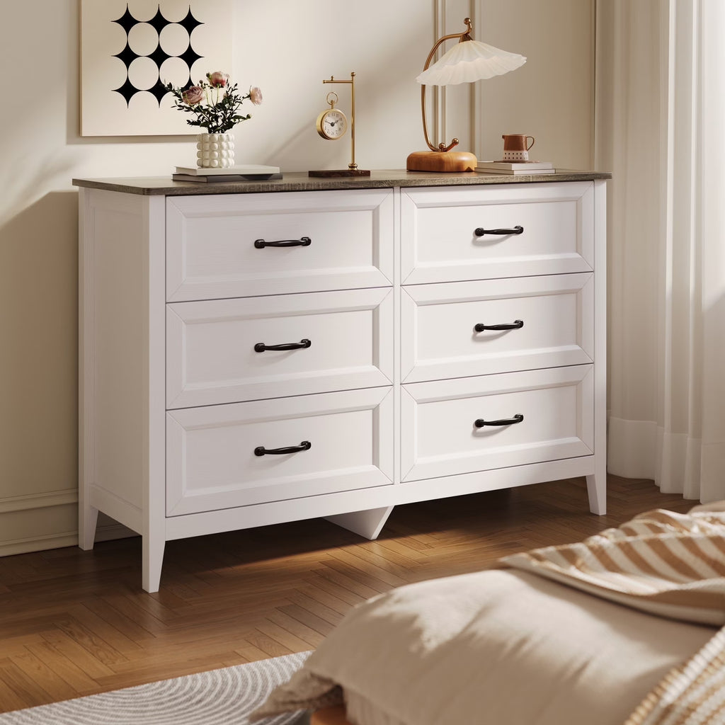 White Dresser, Lofka 6 Drawer Dresser for Bedroom, Chests of Drawers for Living Room, White Brown