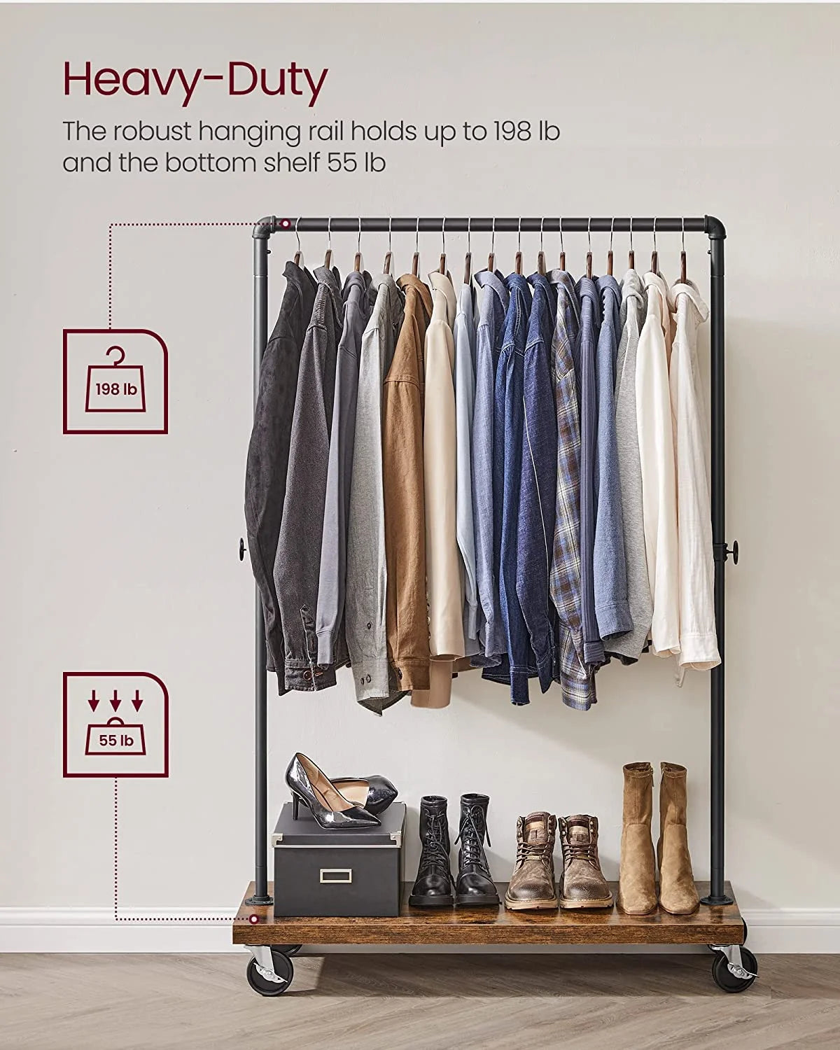VASAGLE Clothes Rack Heavy Duty Clothing Rack Rolling Garment Rack with Shelf for Bedroom Laundry Room Retail Store Rustic Brown and Black