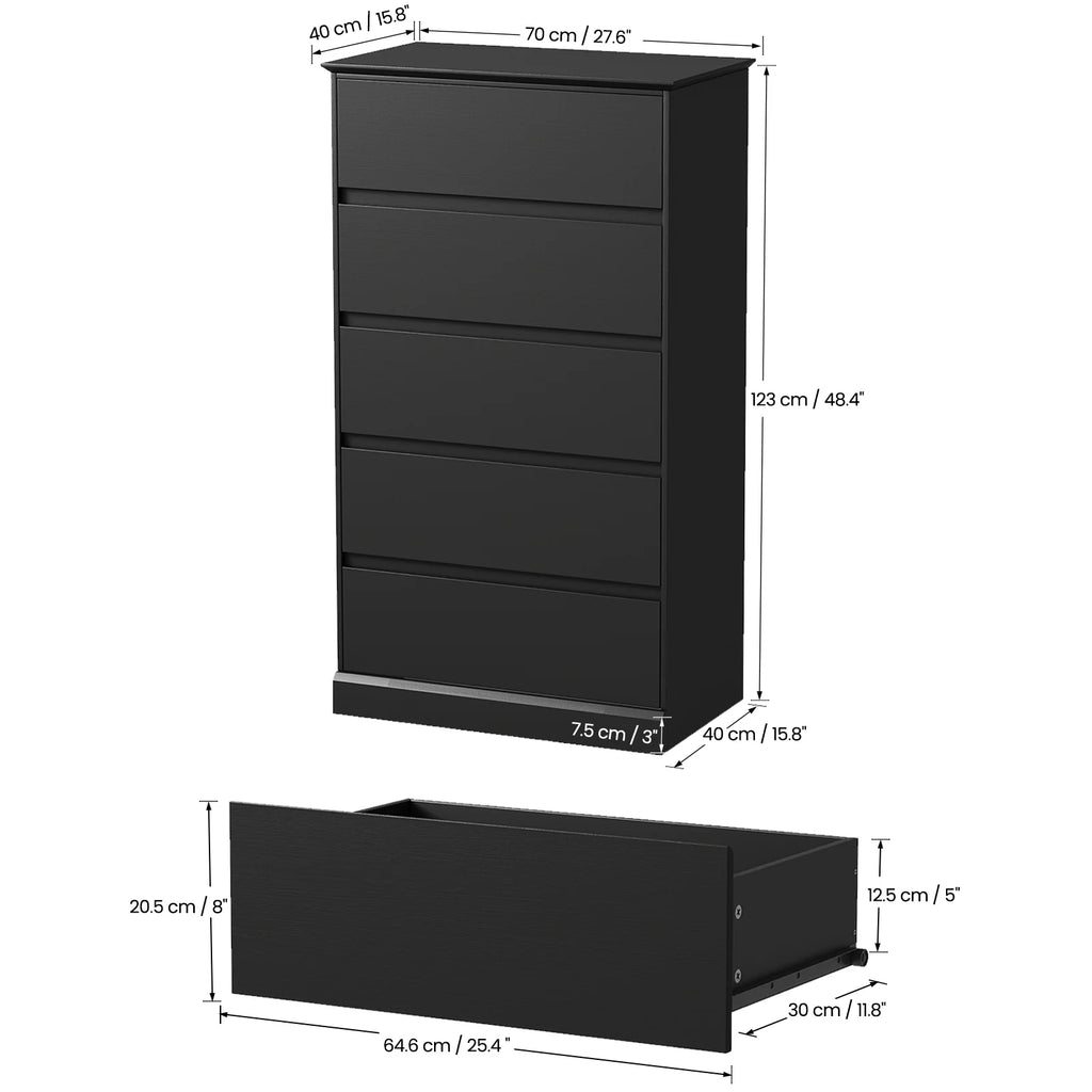 2 PCS  Dresser for Bedroom, 5 Drawer Dresser Black Chest of Drawers for Living Room Dressing Room Entryway -2PCS