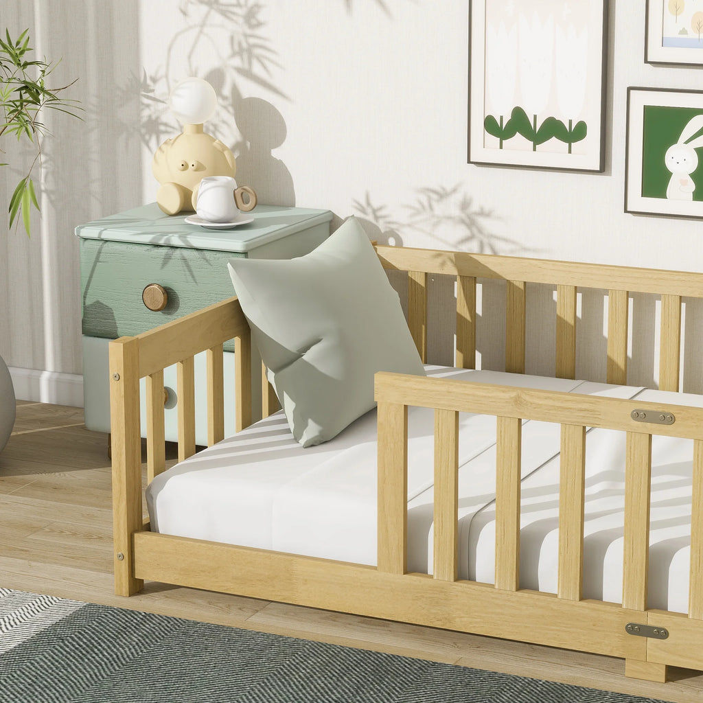 Miniyam Wooden Twin Size Floor Bed with Safety Fence for Kids, Natural