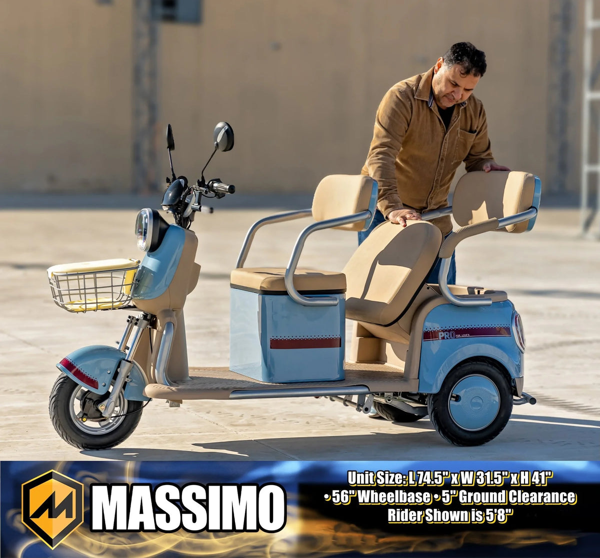 Massimo MGC E-Trike 3-Wheel Electric Cart 17 MPH, 2-Seater Adult Scooter Blue