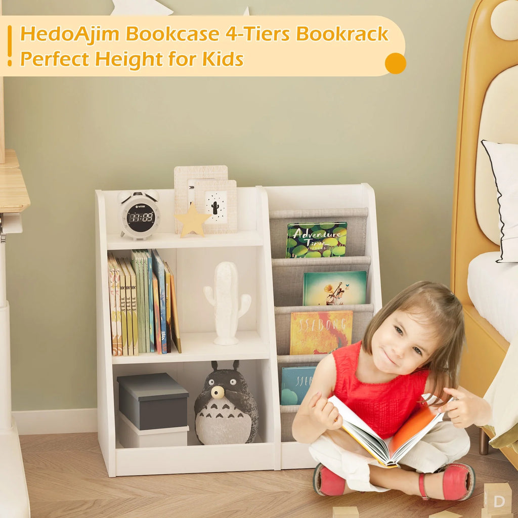 Hironpal Small 3 Tier Kids Bookshelf with 4 Layer Sling Adjustable Book Display Shelf for Nursery Playroom Kids Baby Bedroom