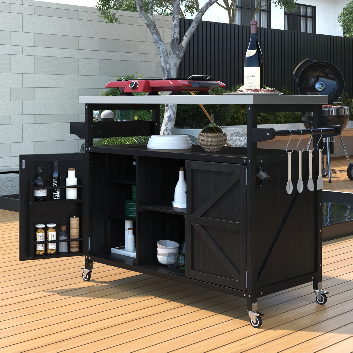 Outdoor Kitchen Island, Rolling Bar Cart & Storage Cabinet, Farmhouse Solid Wood Outdoor Grill Table with Stainless Steel Top, Spice Rack , Towel Rack for Kitchen & BBQ , Natural
