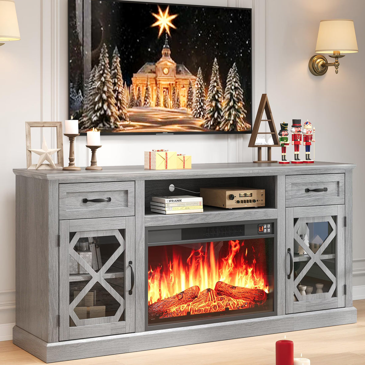 PAPROOS Fireplace TV Stand for 65 Inch TV, Modern Farmhouse TV Cabinet with 23'' Electric Fireplace, Entertainment Center Television Console Table for Living Room, Black+Brown
