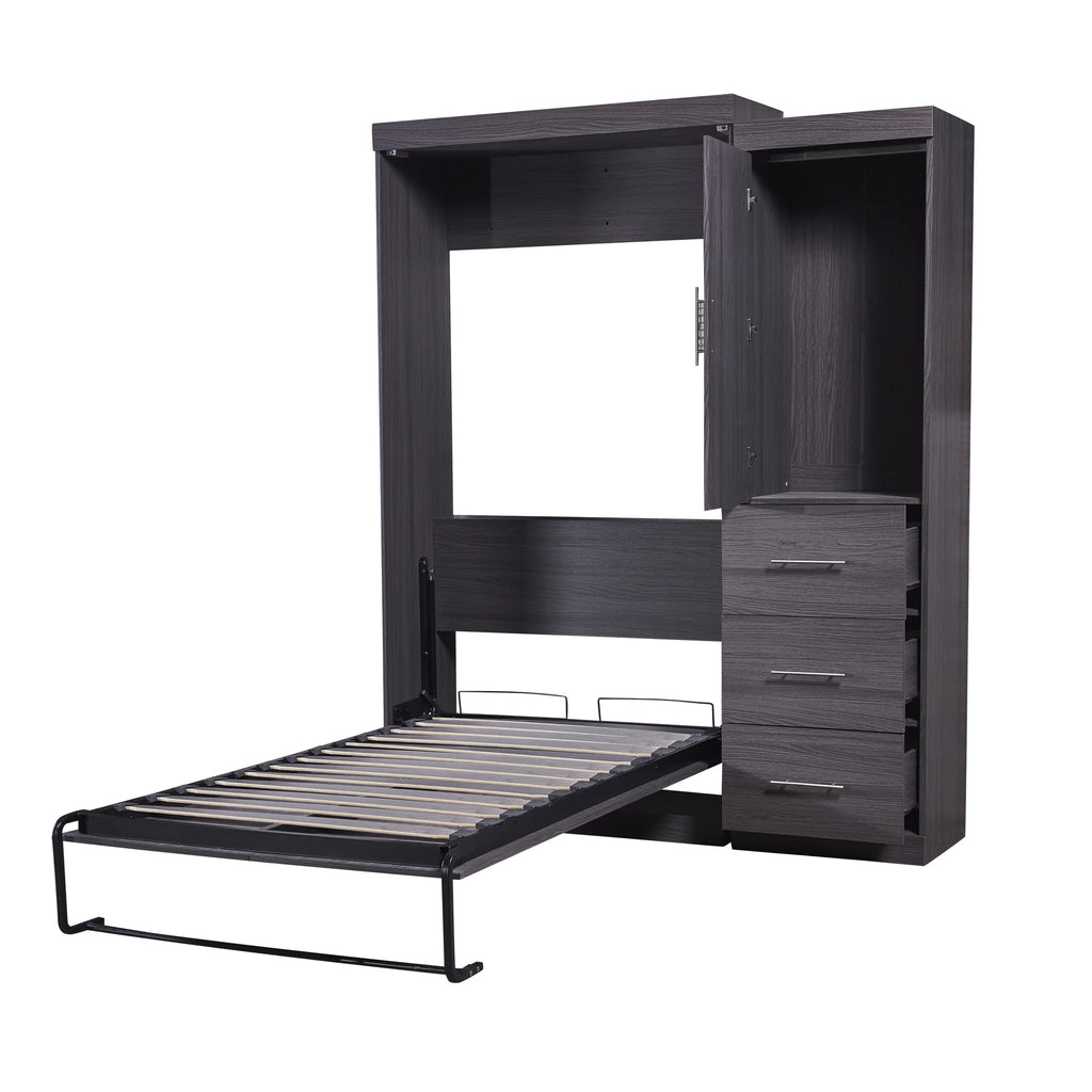 Euroco Wood Full Size Murphy Wall Bed with Wardrobe and Drawers for Living Room, Moveable Wardrobe and Drawers, Space-Saving & Easy Open and Close for Kids Teens Adults, Gray