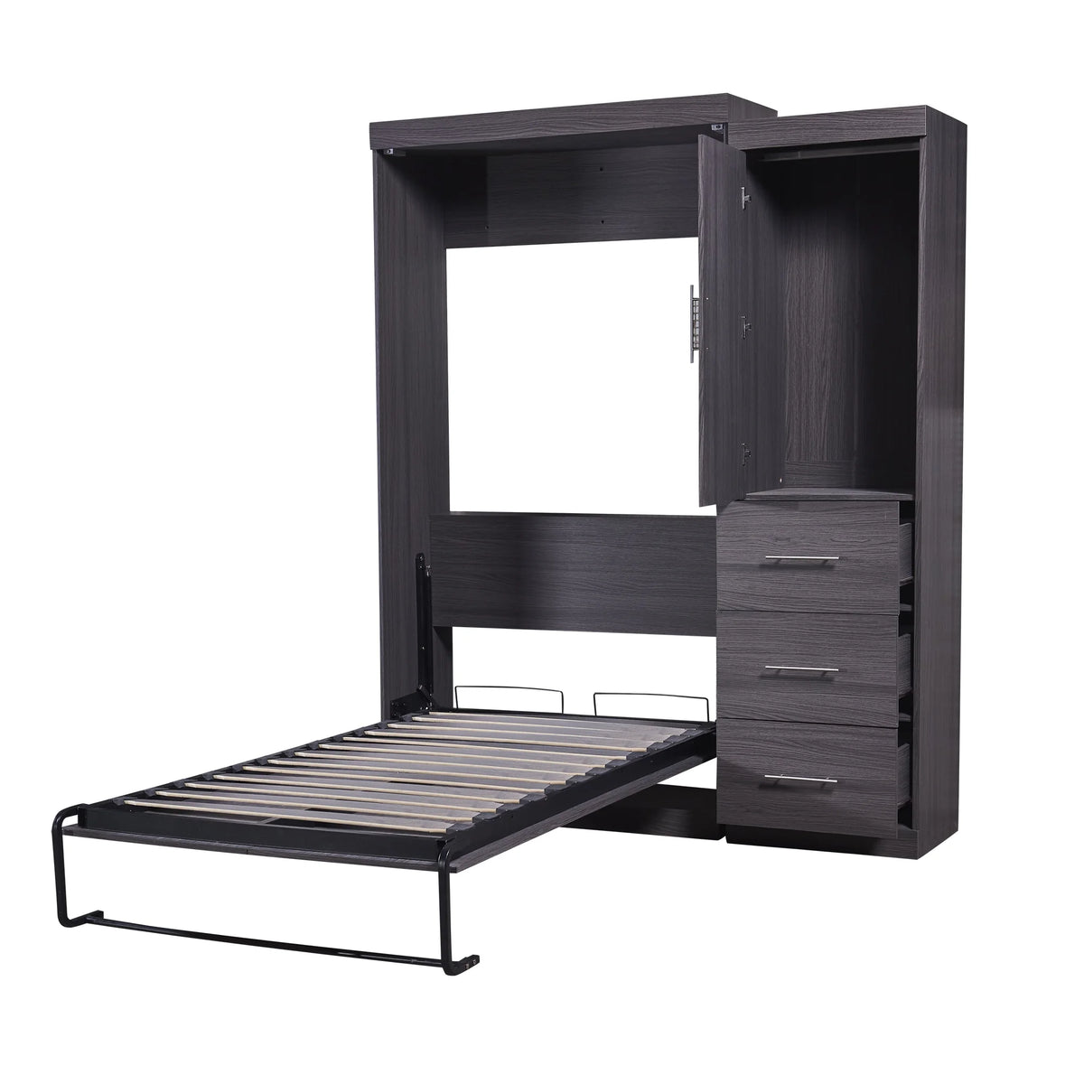 Euroco Wood Full Size Murphy Wall Bed with Wardrobe and Drawers for Living Room, Moveable Wardrobe and Drawers, Space-Saving & Easy Open and Close for Kids Teens Adults, Gray