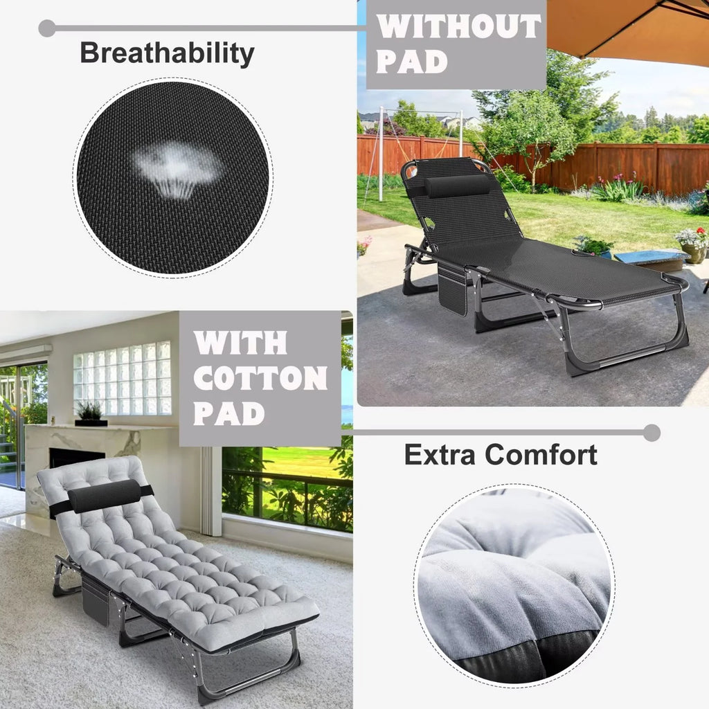 MOPHOTO Lounge Chair with Mattress, Outdoor Chaise Lounge Support 440 Lbs, Adjustable Portable Heavy Duty Sleeping Cots Bed for Camping, Pool, Beach, Patio