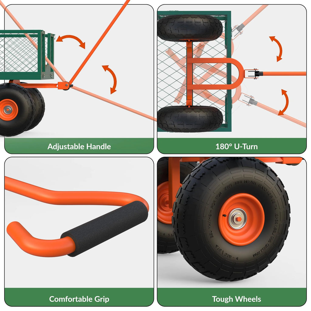 Heavy Duty Steel Garden Cart, Garden Wagon Cart on Wheels, Outdoor Metal Yard Utility Wagon Carts  w/Adjustable Handle & Removable Sides(Convert to Flatbed)
