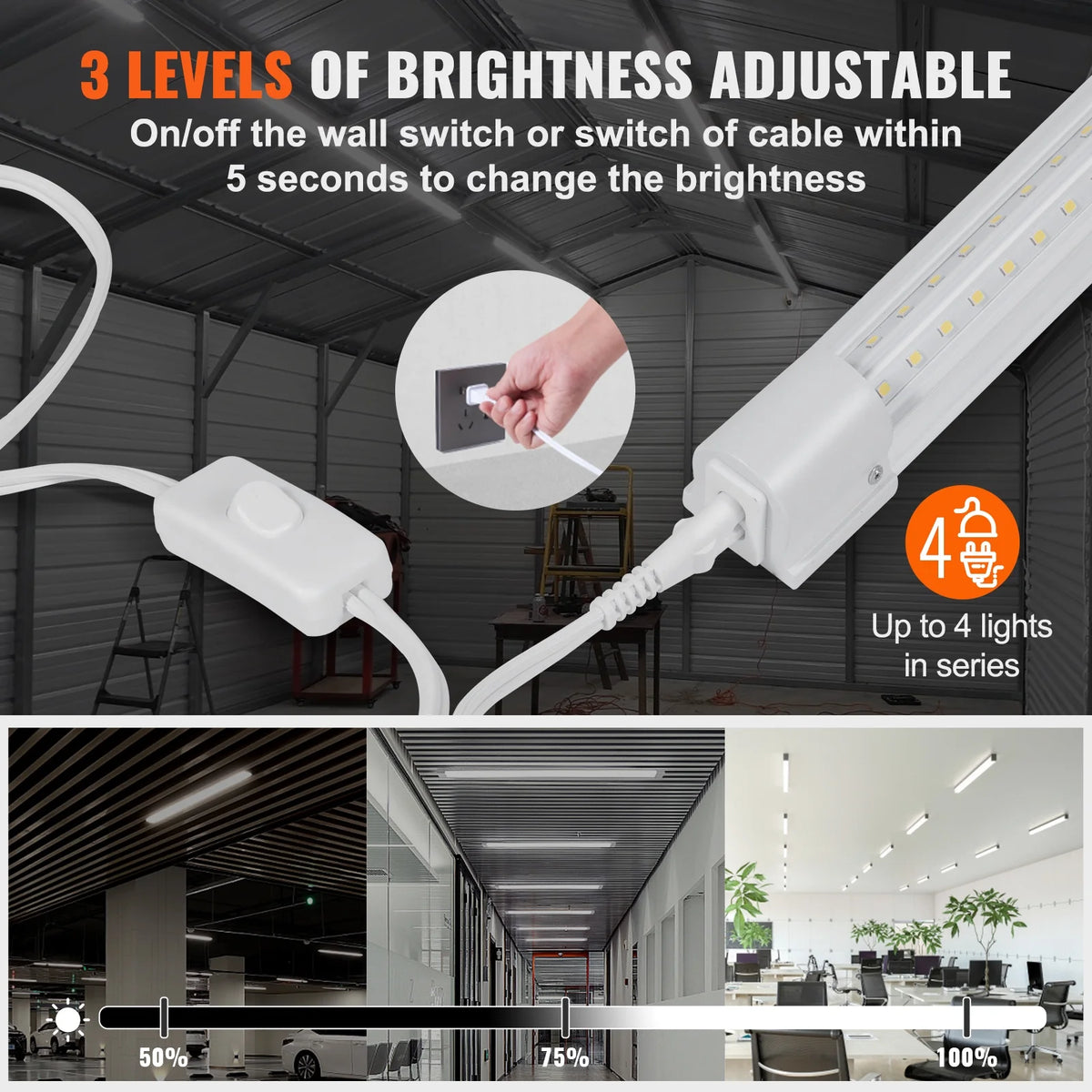 VEVOR 10 Pack LED Shop Light, 8 FT, 80W Linkable Shop Light Fixture, 10000 LM Ceiling Lights 59 in Power Cords with ON/OFF Switch 48 in Connector Cables, for Garage Warehouse Home Workkshop