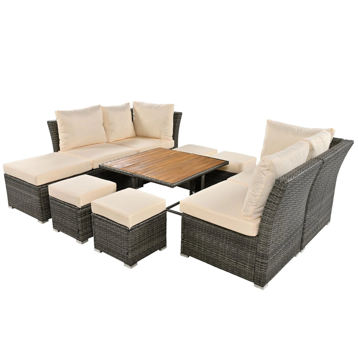 9 Pieces Outdoor Patio Furniture Set Outdoor Sectional Rattan Sofa Set Manual Wicker Patio Conversation Set with Ottomans, Solid Wood Coffee Table for Yard Deck Porch(Grey)