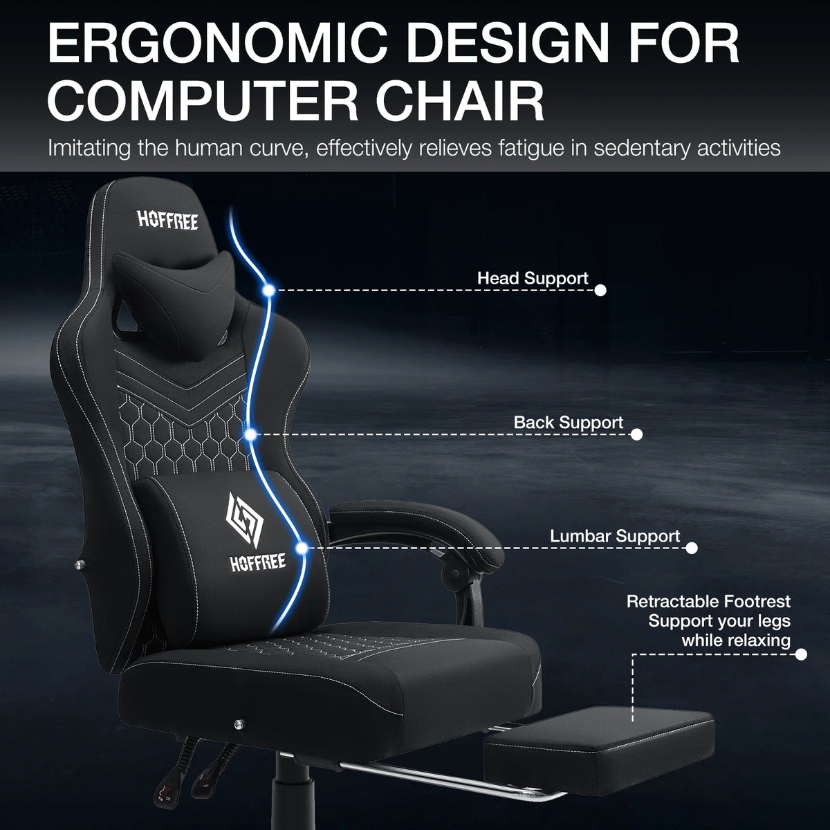 Hoffree Gaming Chair with Massage Fabric Office Chair with footrest for Adults, Ergonomic Gamer Chair with Headrest and Lumbar Support for Office Gaming, 440 LBS