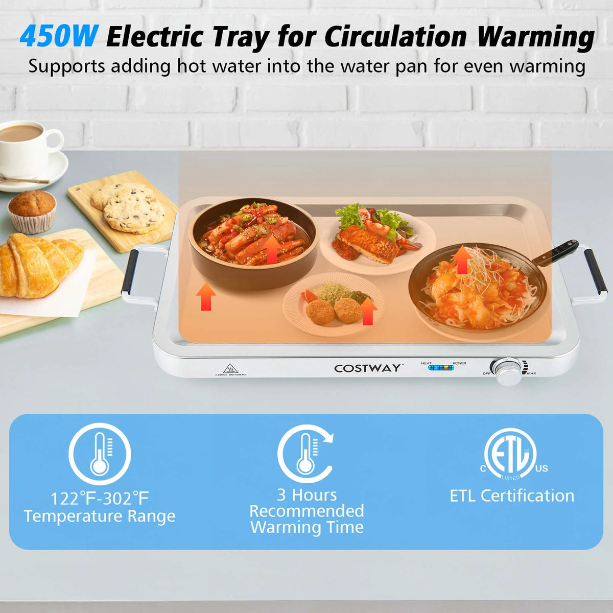 Costway Food Warmer Buffet Server 450W Stainless Steel Electric Warming Tray for Parties