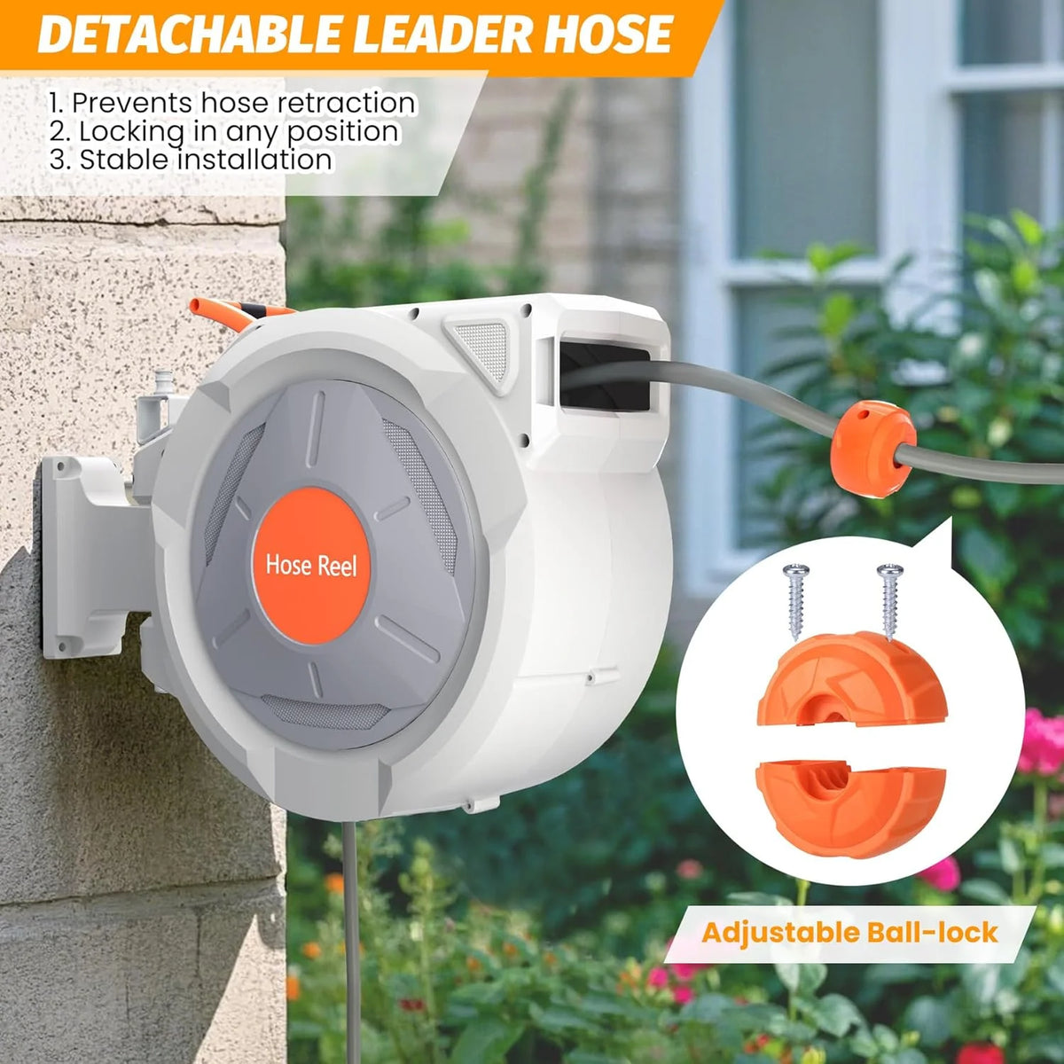 Auto-Retract Wall-Mounted Garden Hose Reel w/9-Pattern Nozzle, 180 Swivel & Any-Length Lock, 600PSI Durable