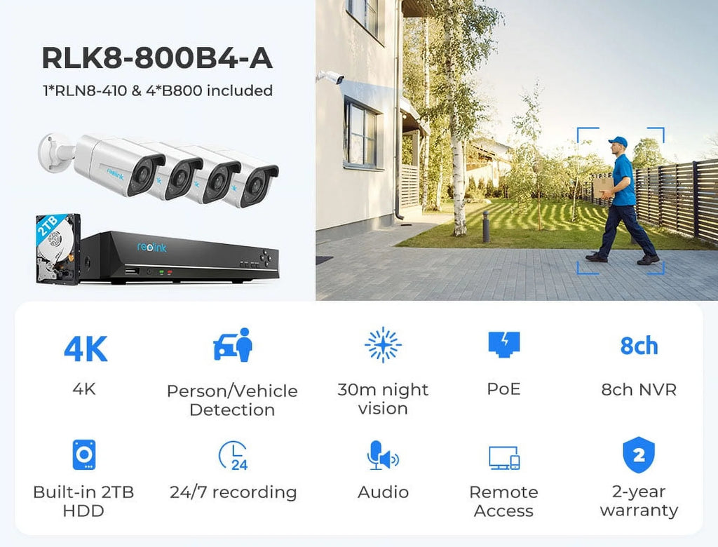 Reolink 4K 8CH Outdoor PoE Camera System,4Pcs 8MP Video Security Camera Smart Person/Vehicle Motion Detection,24/7 Recording