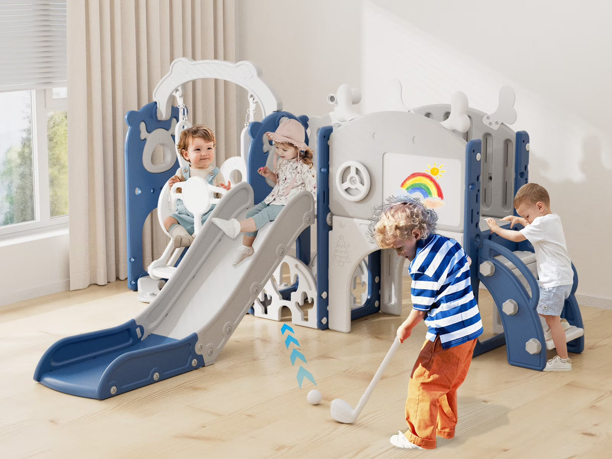 KORIMEFA 13-in-1 Toddler Slide, Kids Swing and Slide for Toddlers Age 1-4, Outdoor Indoor Playground Playset for Toddlers with Basketball Hoop and Ball Playset Telescope, Blue