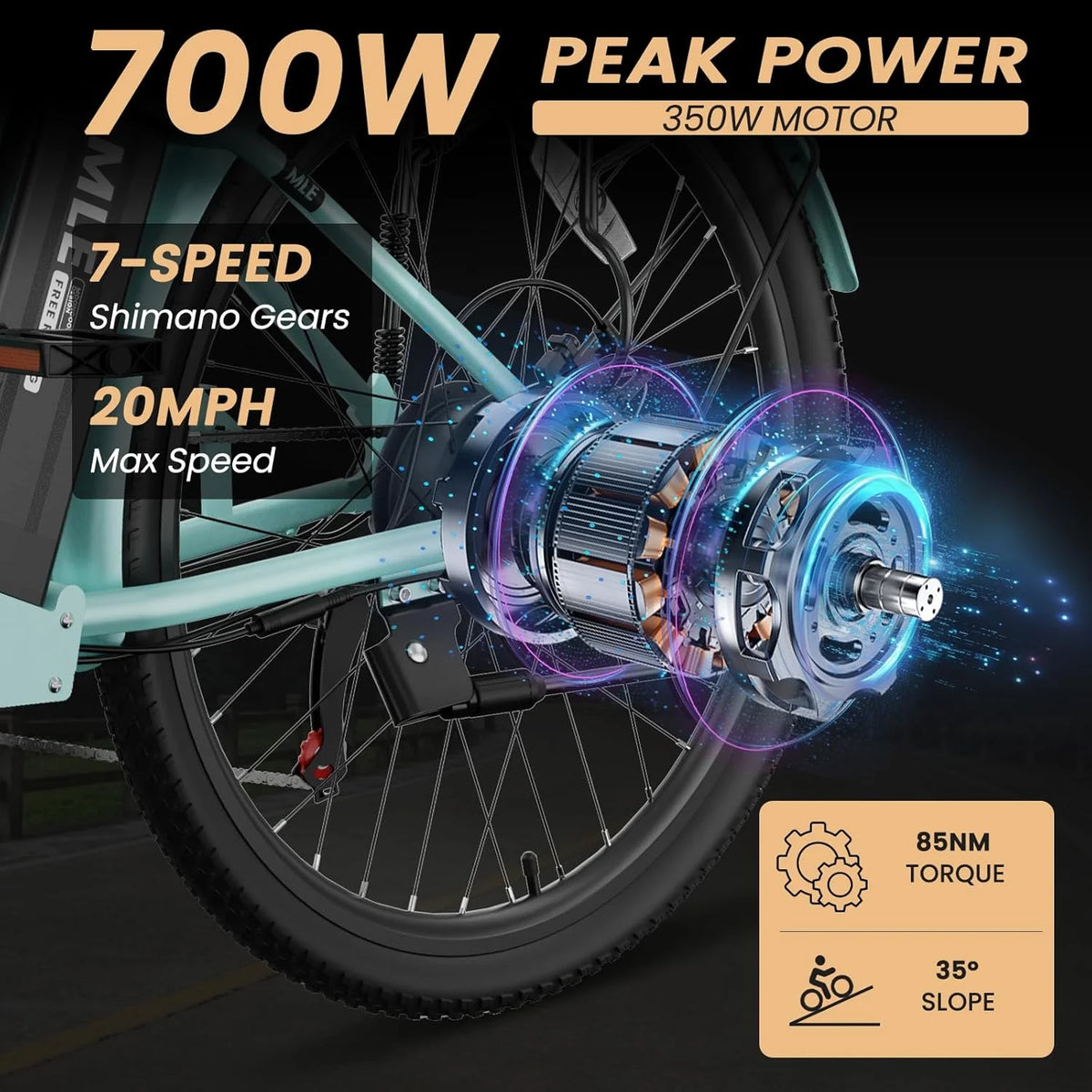 MOONCOOL Electric Bicycle for Adults 350W , 7-Speed Ebike with 36V 10.4Ah Removable Battery， 40 Miles Range , 20 mph Electric Commuter Bike for Women Men, Certified to UL 2849 by SGS