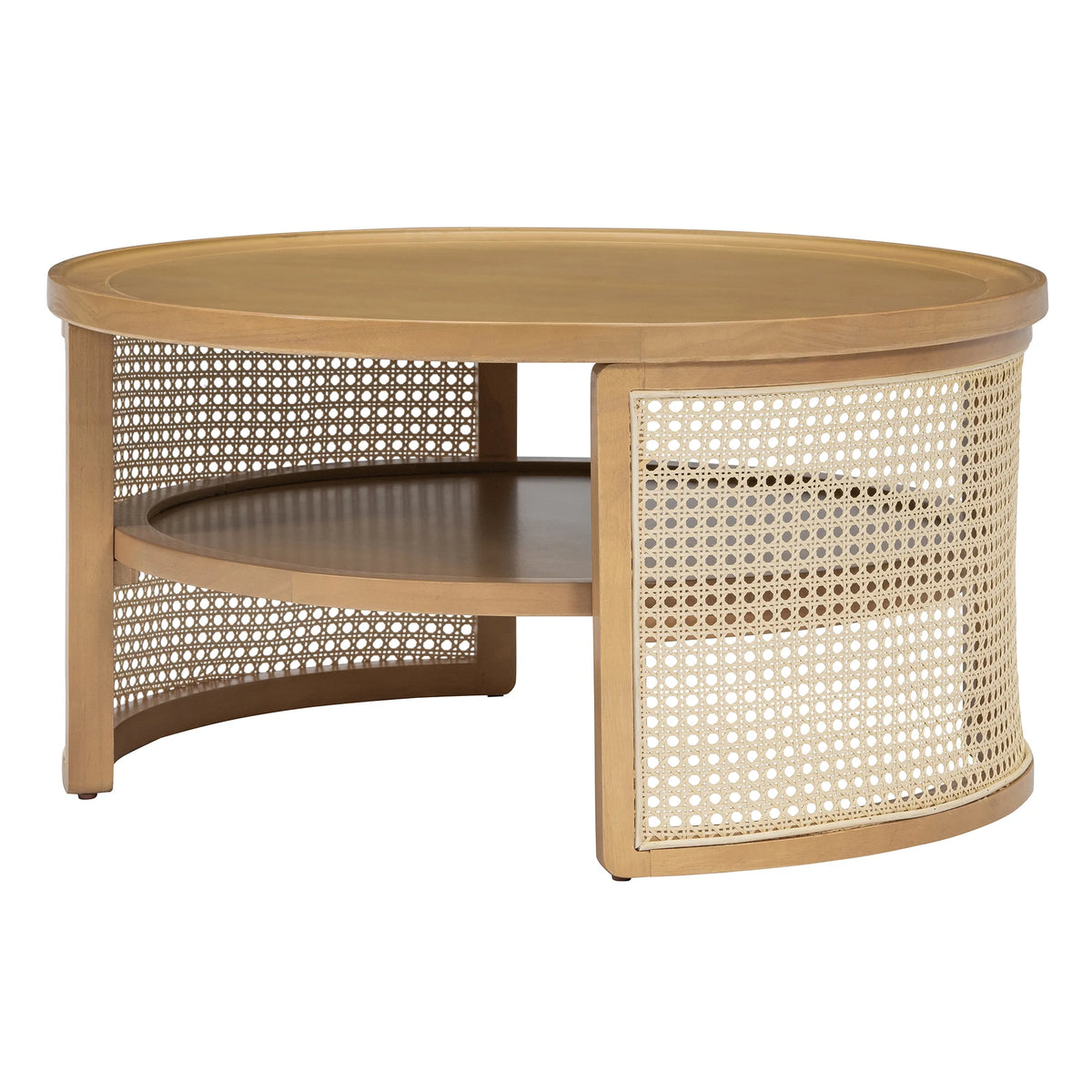 Harper & Bright Designs Rattan Round Coffee Table with Storage Shelf, Round Cane Wood Center Table for Living Room, 37'' Brown