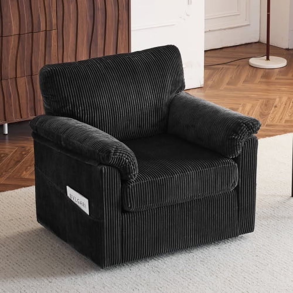 FFH 33" Oversized Swivel Accent Chair,Armchair with Side Pocket,Upholstered Corduroy Lounge Chaise Chair,Barrel Chairs,Comfy Single Sofa Chair for Living Room Reading Bedroom Office,Black