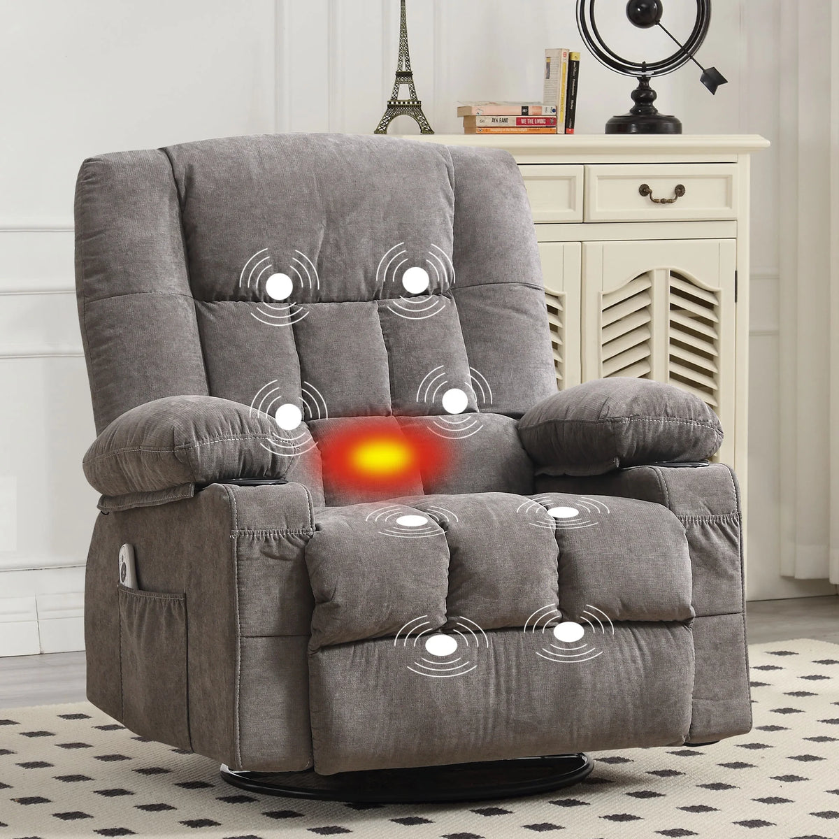 JONPONY Massage Swivel Rocker Recliner Chair with Vibration Massage and Heat Ergonomic Lounge Chair for Living Room with Rocking Function and Side Pocket, 2 Cup Holders, USB Charge Port,Grey