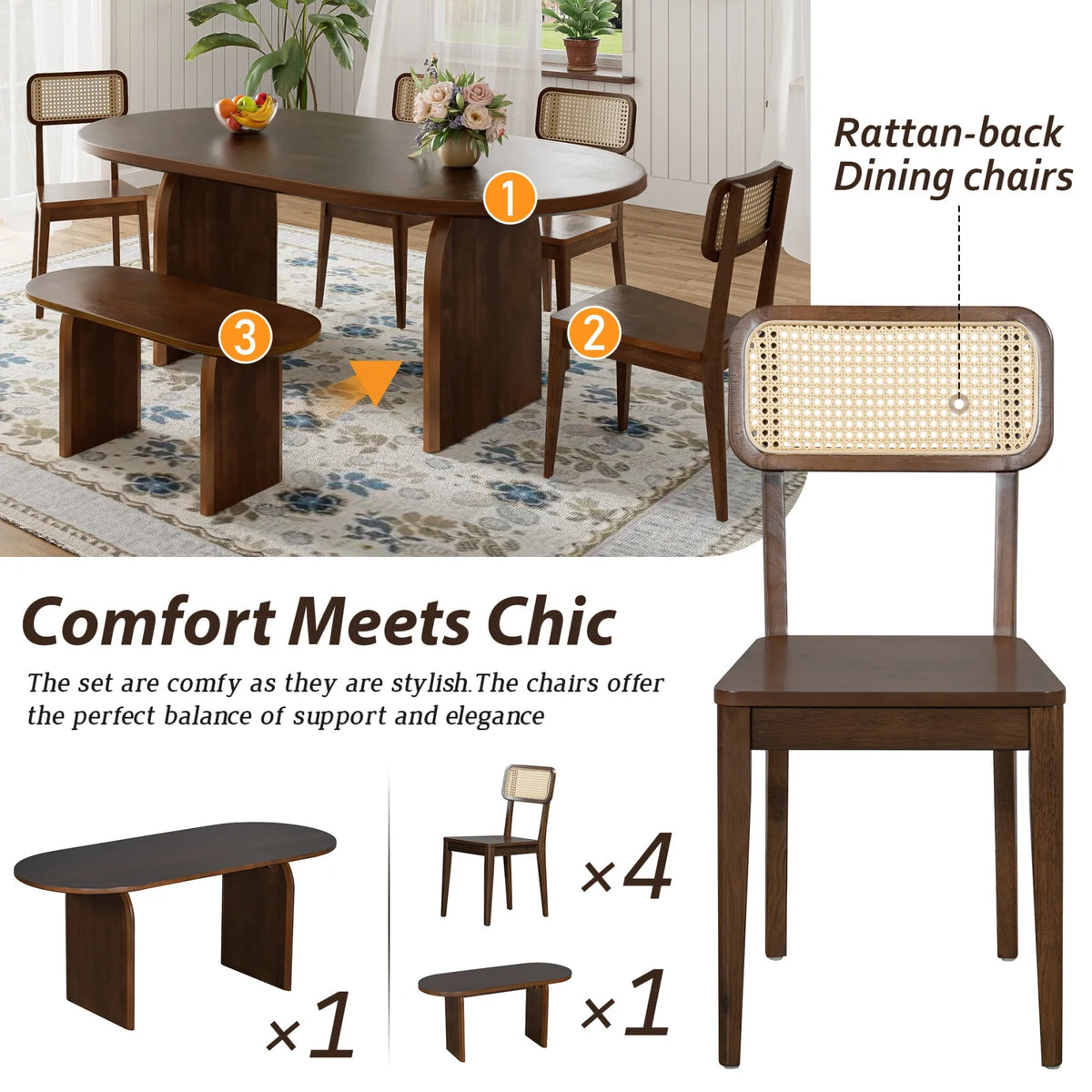 6-Piece Dining Table Set, Farmhouse Oval Kitchen Table and 4 Rattan Chairs & Bench, Rubber Wood Dining Room Set for 6, Brown